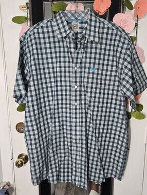 Cinch Mwn's Button Up Shirt Short Sleeve Plaid Sz Large Blue/beige